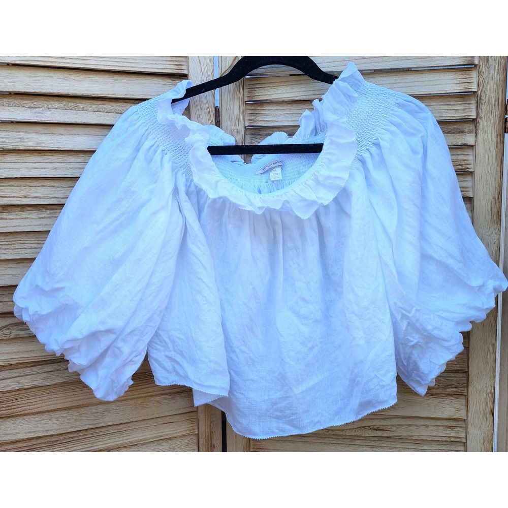 Banana Republic XS White 100% Linen Puff Sleeve Cropped Peasant Top Blouse